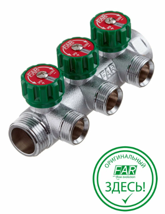 Коллектор FAR 3822 3412TP распределительный 3/4" (ВР-НР) с 3 отводами 1/2" НР, плоское уплотнение (FAR)