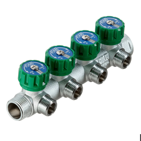 Коллектор FAR 3824 3412TP распределительный 3/4" (ВР-НР) с 4 отводами 1/2" НР, плоское уплотнение (FAR)