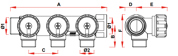 Коллектор FAR 3822 3412TP распределительный 3/4" (ВР-НР) с 3 отводами 1/2" НР, плоское уплотнение (FAR) — фото 4